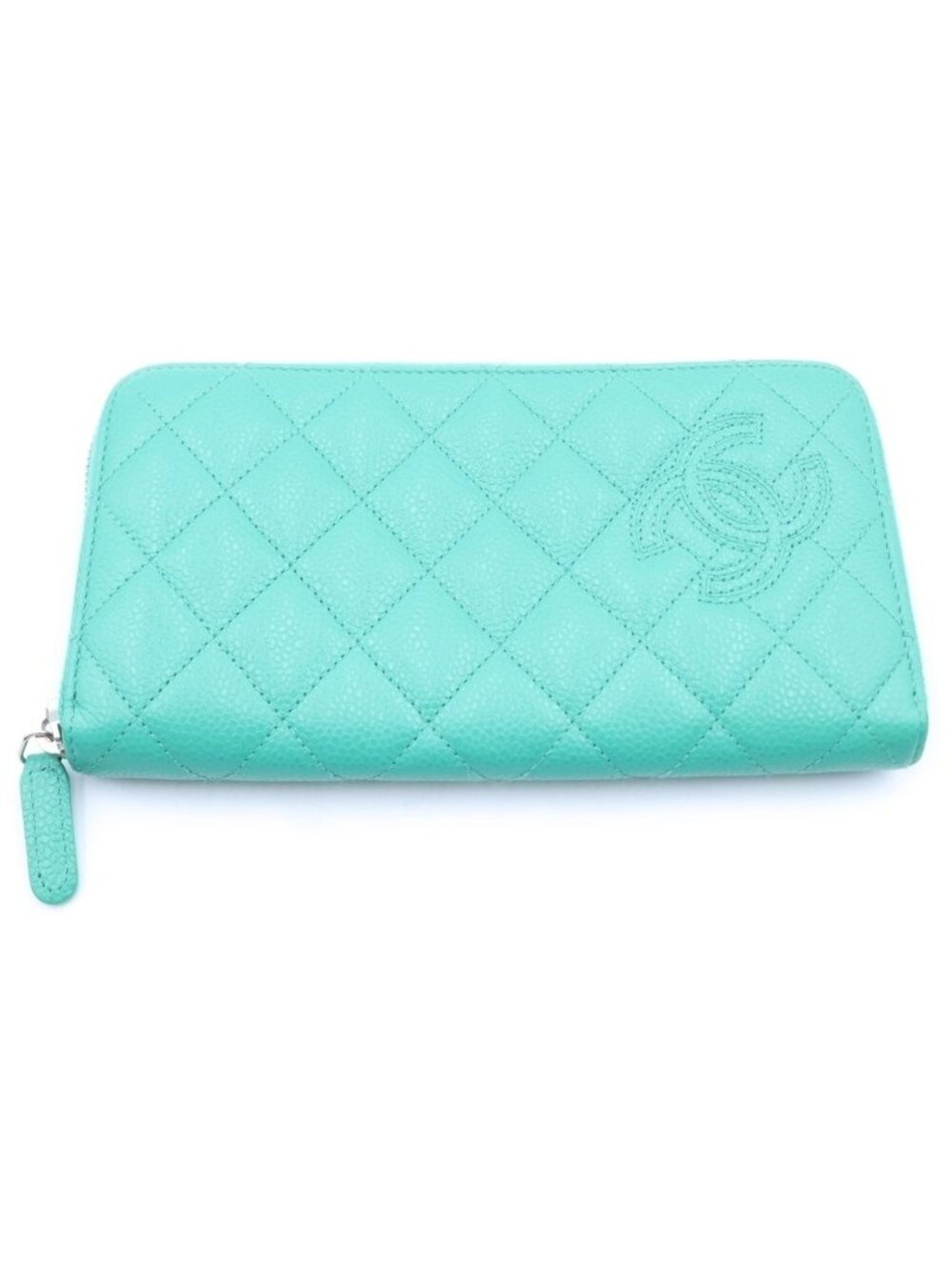 Chanel CC Logo Quilted Round Zip Wallet Green Caviar Leather Silver